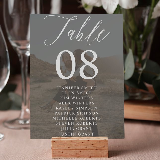 Numéro De Table Noir moderne noir blanc noms photos mariage (Modern black white script names photos wedding table number)