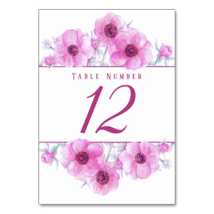 Numéro De Table Nombre de tables d'aquarelle d'anémone rose