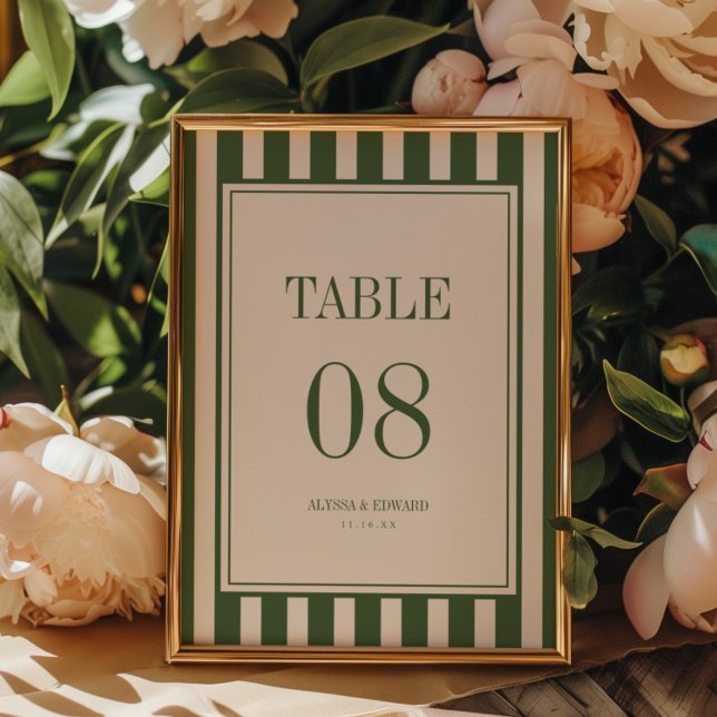 Numéro De Table Noms de mariage élégants modernes rayés vert olive (Créateur téléchargé)