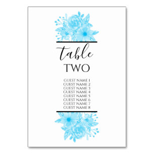 Numéro De Table Noms des invités de mariage floral aquarelle bleue