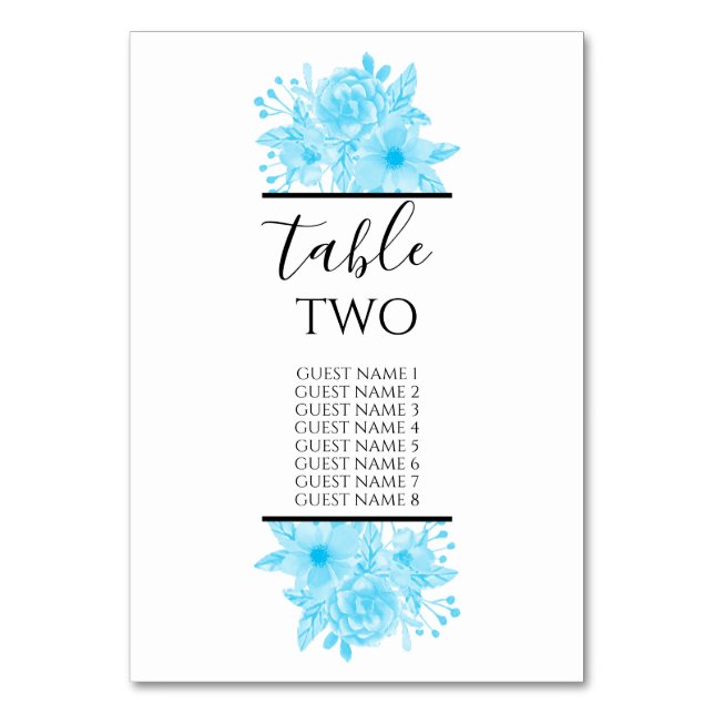 Numéro De Table Noms des invités de mariage floral aquarelle bleue (Par défaut)