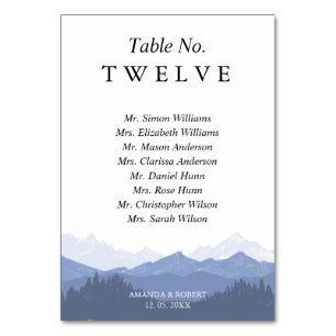 Numéro De Table Noms des invités Elegant Watercolor Blue Mountains