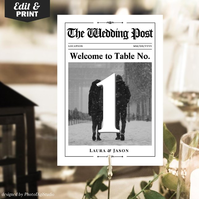 Numéro De Table Numéro de la photo moderne Journal Mariage de la c (Modern Photo Table Number Card Wedding Newspaper)