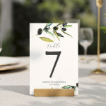 Numéro De Table Numéro du tableau mariage Branche minimaliste d'ol<br><div class="desc">Ce numéro de table mariage est doté d'aquarelle olivier branche feuillage. Utilisez les champs modèle simples pour ajouter vos noms personnalisés,  votre date de mariage et vos numéros de table. Pour voir l'ensemble de la suite de mariage rustique visitez le www.zazzle.com/dotellabelle Aquarelle art et design de Victoria Grigaliunas</div>