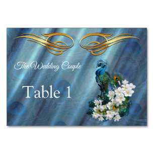 Numéro De Table Or, plumes de paon sur soie vert émeraude