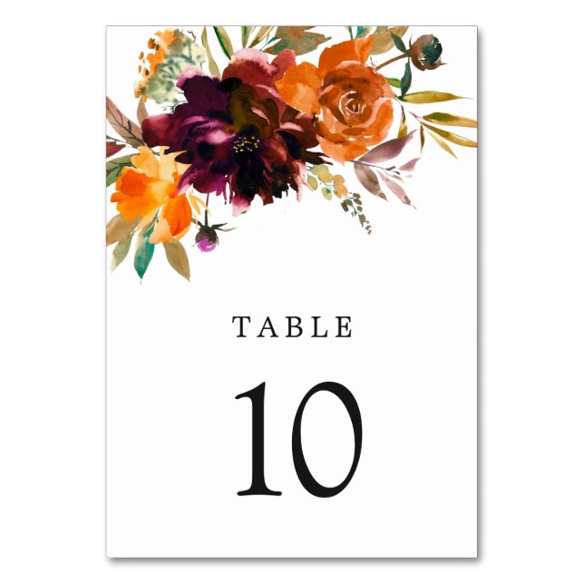 Numéro De Table Orange Bourgogne Brûlé Chute Florale Rustique Mari (Par défaut)
