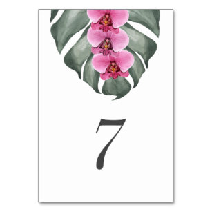 Numéro De Table Orchidée rose chaude sur Monstera Mariage tropical