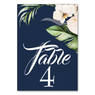 Numéro De Table Orchidées tropicales et palmiers sur bleu marine