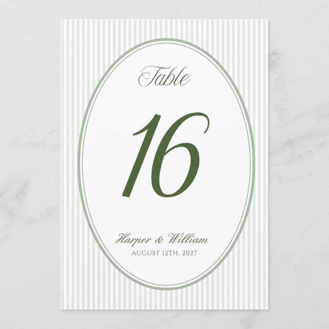 Numéro de table ovale vert sauge rayé (Devant)
