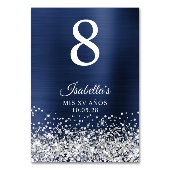 Numéro De Table Paillettes Argentées Bleu Nuit Feuille Mis XV Ans (Par défaut)