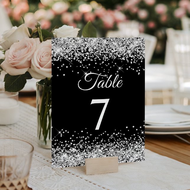 Numéro De Table Paillettes argentées Élégante calligraphie noire (Silver Glitter Black Elegant Calligraphy Table Number)