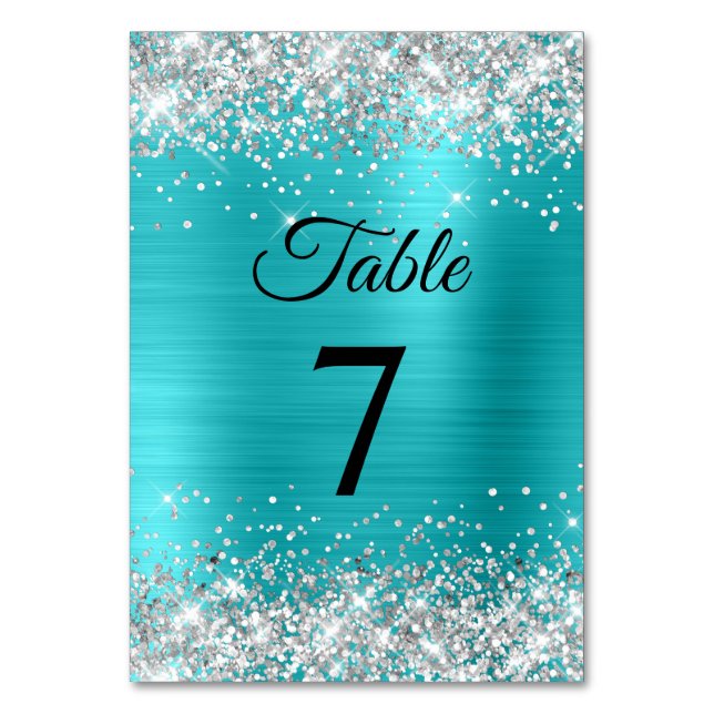 Numéro De Table Paillettes Argentées Turquoise Bleu Feuille Élégan (Par défaut)