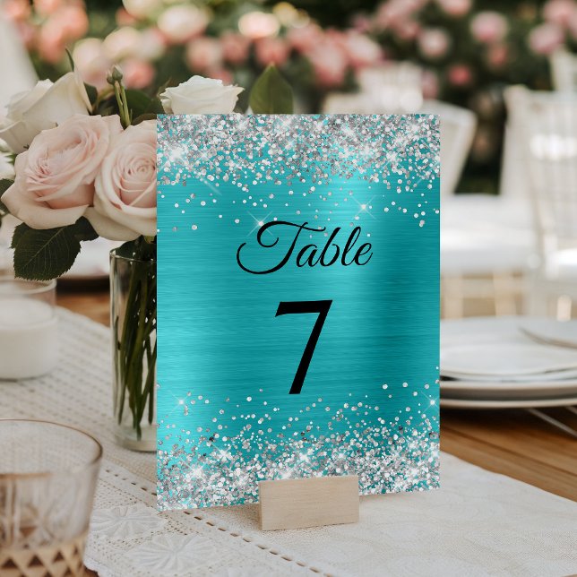 Numéro De Table Paillettes Argentées Turquoise Bleu Feuille Élégan (Silver Glitter Turquoise Blue Foil Elegant Table Number)