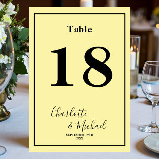 Numéro De Table Pale Yellow Script Minimalist Wedding