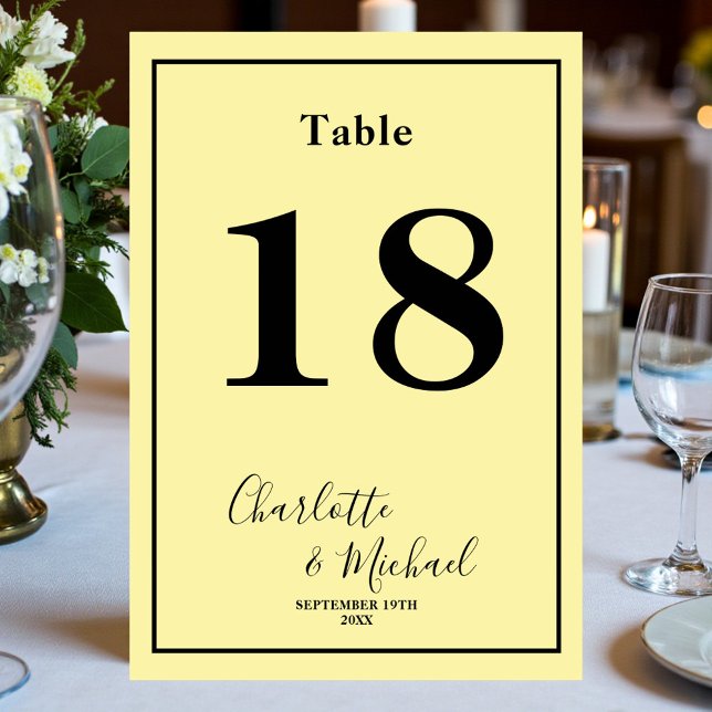 Numéro De Table Pale Yellow Script Minimalist Wedding (Créateur téléchargé)