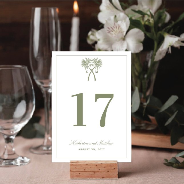 Numéro De Table Palmiers noués Destination Tropicale Mariage (Knotted Palm Trees Tropical Destination Wedding Table Number Card @ fatfatin_blue_knot)