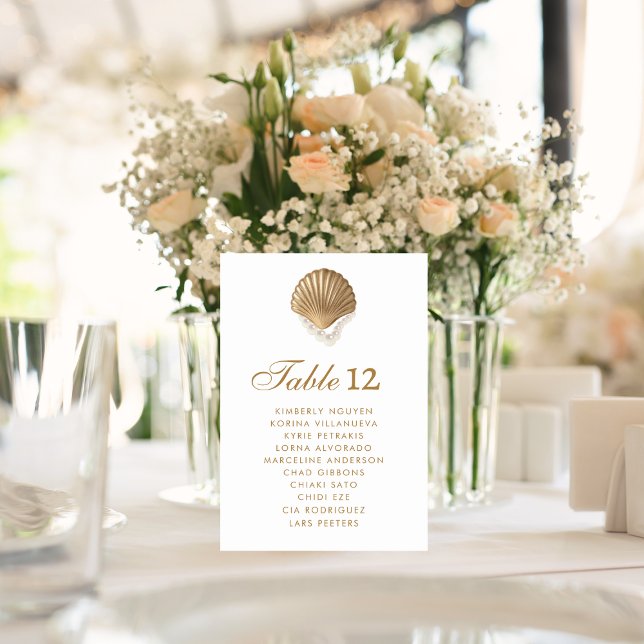 Numéro De Table Panneau du Mariage du littoral Gold Seashell (Créateur téléchargé)