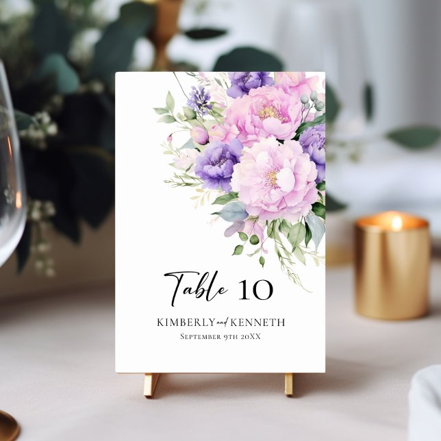 Numéro De Table Panneau Mariage de la table florale rose violet (Purple Lavender Pink Floral Table Wedding Sign Table Number)