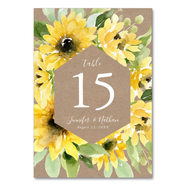 Numéro De Table Papier Kraft pour tournesol aquarelle | Mariage (Par défaut)