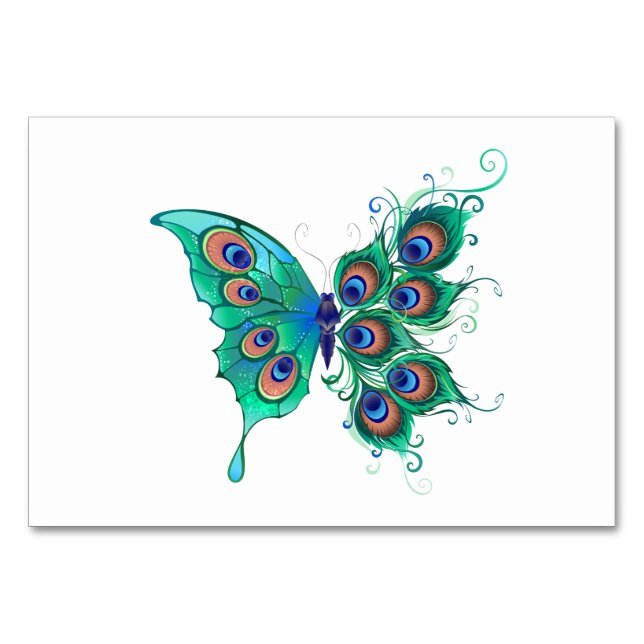 Numéro De Table Papillon aux plumes de paon vert (Devant)