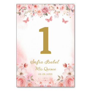 Numéro De Table Papillon floral rose rose pâle Quinceañera