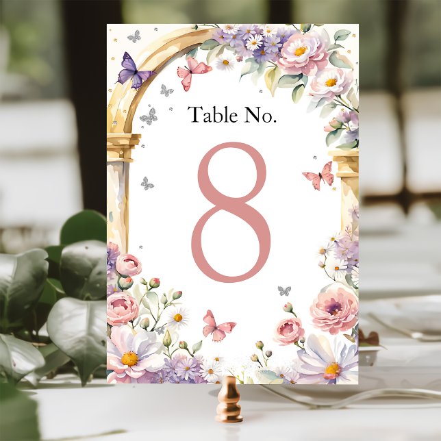 Numéro De Table Papillons Fleurs Lilac Quinceañera (Créateur téléchargé)