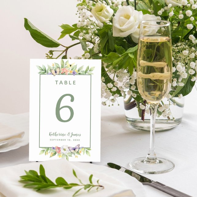 Numéro De Table Papillons Floraux à l'Aquarelle Mariage Vert Sauge (Watercolor Floral Butterflies Wedding Sage Green Table Number)