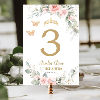 Numéro De Table Papillons Floraux d'or bleu Quinceañera