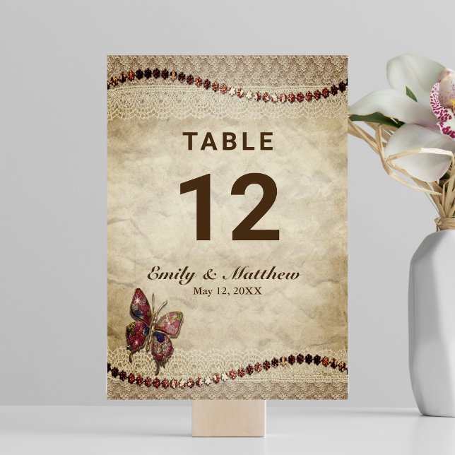 Numéro De Table Parchemin Antique, Dentelle, Perles, Papillon Mari (Antique Parchment, Lace, Beads, Butterfly Wedding Table Number)