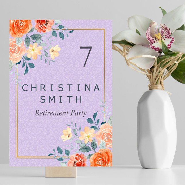 Numéro De Table Parti de retraite de l'aquarelle florale chic roma (Romantic Chic Floral Watercolor Retirement Party Table Number)