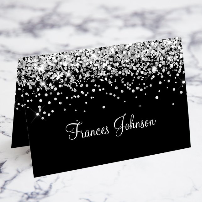 Numéro De Table Parties scintillant Argent Noir Nom individuel Pla (Silver Glitter Black Individual Name Place Cards)