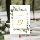 Numéro De Table Parties scintillant d'or Mariage vert botanique nu<br><div class="desc">Tableau 19. Veuillez vérifier tous les numéros disponibles. | Ce numéro de tableau mariage est composé d'une aquarelle peinte, d'une végétation d'eucalyptus et de feuilles verts avec un cadre rectangulaire, du texte et du nombre de parties scintillant en faux or. Pour une personnalisation plus avancée de cette conception, cliquez sur...</div>