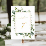 Numéro De Table Parties scintillant d'or Mariage vert botanique nu<br><div class="desc">Tableau 7. Veuillez vérifier tous les numéros disponibles. | Ce numéro de tableau mariage est composé d'une aquarelle peinte, d'une végétation d'eucalyptus et de feuilles verts avec un cadre rectangulaire, du texte et du nombre de parties scintillant en faux or. Pour une personnalisation plus avancée de cette conception, cliquez sur...</div>
