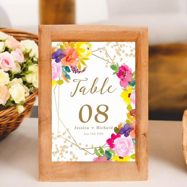 Numéro De Table Parties scintillant or boho audacieux floral aquar (Gold glitter boho bold floral watercolor chic table number)
