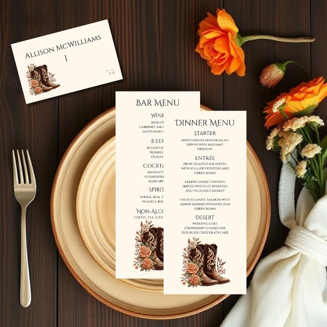 Numéro De Table Pays Fleurs occidentales avec Bottes-Viande de Cow (Country Western-Flowers with Cowboy Boots-Wedding Place Cards with Meal Icons)