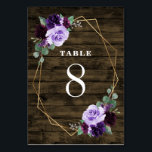 Numéro De Table Pays Rustique Floral violet et Mariage de bois d'o<br><div class="desc">Doté d'une grange brune naturelle ou d'un arrière - plan à grains de bois décoré d'un cadre géométrique imprimé en or qui est paré de verdure, d'eucalyptus et d'éléments floraux dans les tons violets — Marsala, violet, bordeaux, lavande et plus. Affichez la collection correspondante sur cette page pour rechercher des...</div>