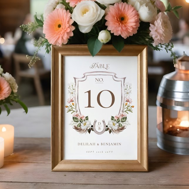 Numéro De Table Pays Western Aquarelle Floral Crest Horseshoe (Country Western Watercolor Floral Crest Horseshoe Table Number)