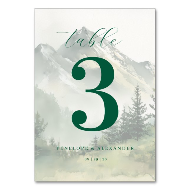 Numéro De Table Paysage de montagne à l'aquarelle verte sereine (Par défaut)