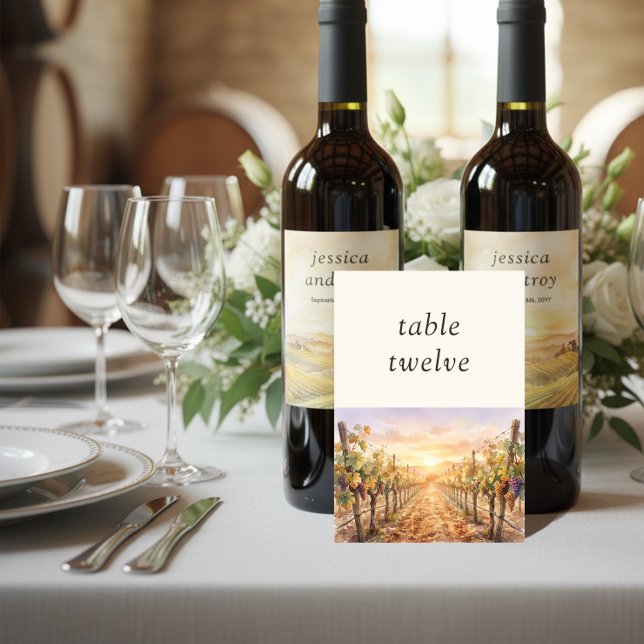 Numéro De Table Paysage de vignoble au coucher du soleil Editable (Table Numbers from the Sunset Vineyard wedding collection by Darling & May)