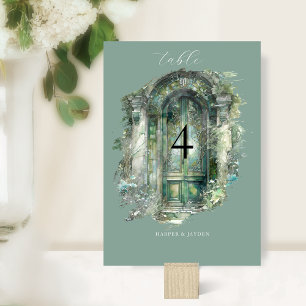Numéro De Table Paysage élégant à l'aquarelle verte pour mariage