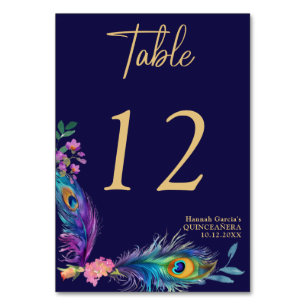 Numéro De Table Peacock Feathers & Fleurs Quinceañera