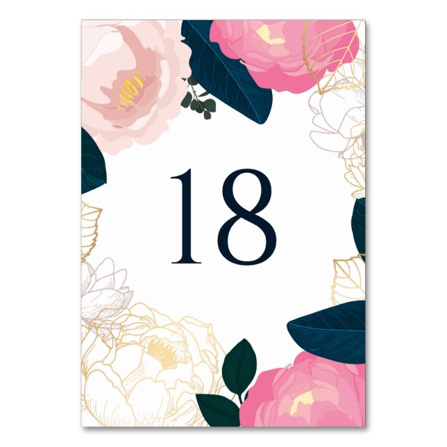 Numéro De Table Peonies roses modernes Gold Foil Marine Blue Maria (Par défaut)