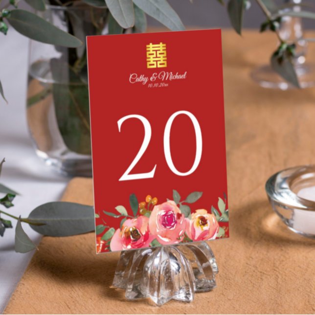 Numéro De Table Peony floral double bonheur chinois mariage rouge (Créateur téléchargé)