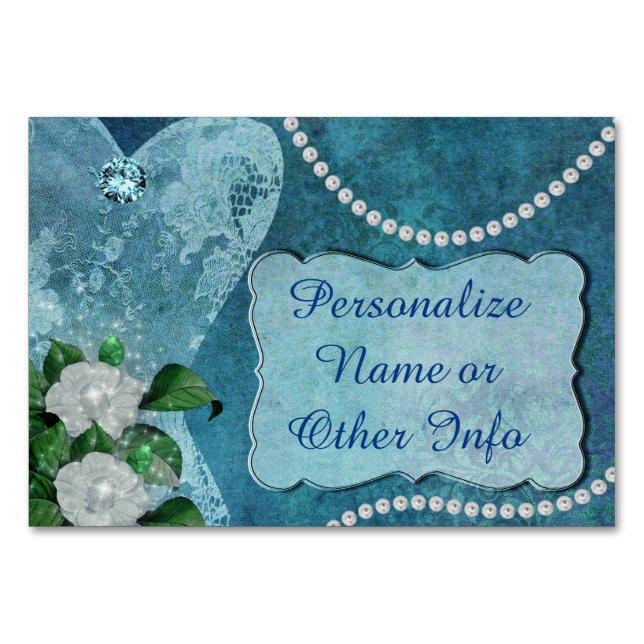 Numéro De Table Perles Bleues Élégantes & Dentelle Personnalisées (Devant)