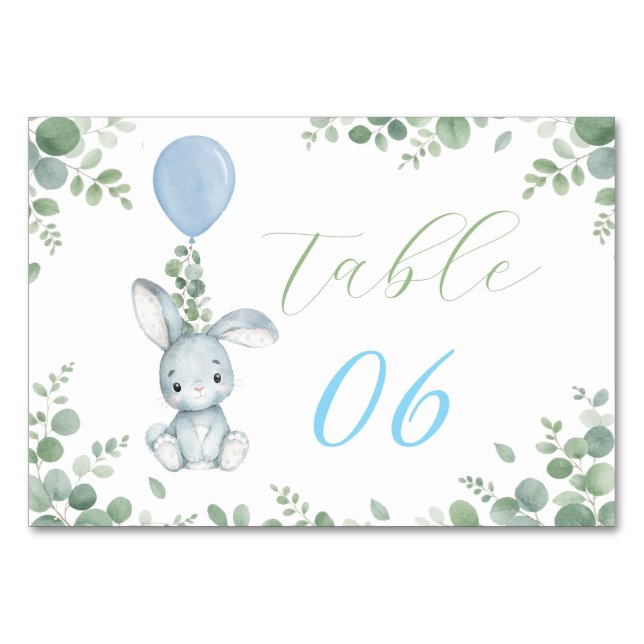 Numéro De Table Petit Lapin Fête de Bébé Garçon Aquarelle Eucalypt (Devant)