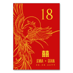 Numéro De Table Phoenix Thème Double Bonheur   Or sur rouge