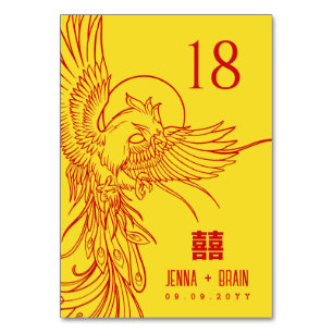Numéro De Table Phoenix Thème Double Bonheur   Rouge sur or