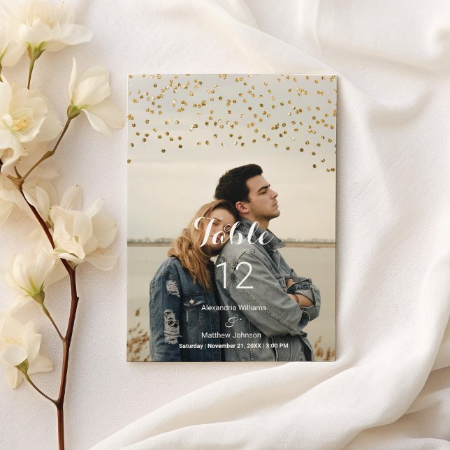 Numéro de table photo en confetti or blanc chic mo (Modern chic white gold confetti Photo Table Number )