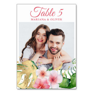 Numéro De Table Photo Fleurs Tropicales Palms Mariage Floral Or