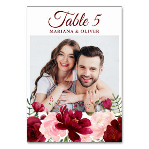 Numéro De Table Photo Pink Burgundy Floral Mariage
